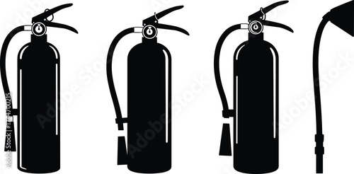 Fire extinguisher silhouette icons, emergency safety equipment, firefighting tools vector set, black hose nozzle illustration, fire protection symbols, isolated graphic design