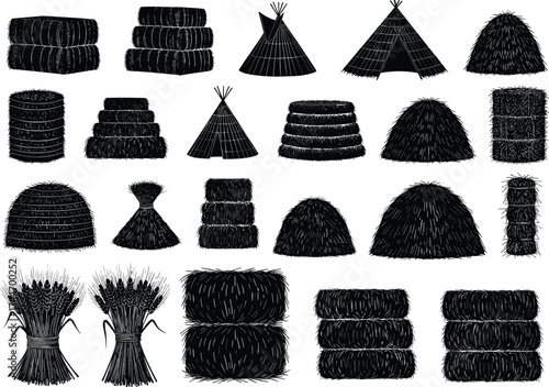 Haystack silhouette vector set, straw bale illustration, rural farm storage icon, black harvest shapes, traditional agricultural bundle, countryside graphic collection