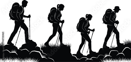 Hiking silhouette group, outdoor adventure teamwork, trekking on rocky terrain, nature exploration, backpack travel, mountain trail journey, fitness activity, wilderness expedition illustration