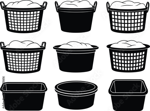 Laundry basket and tub vector set, filled and empty container icons, household washing illustrations, black and white mesh, plastic, solid styles