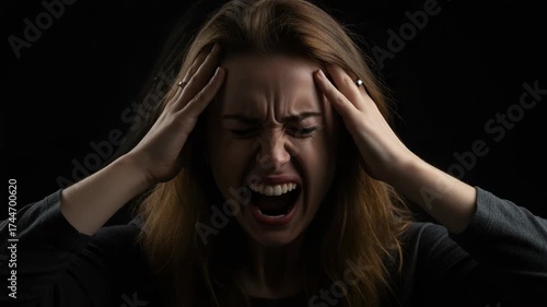 Woman screaming in pain and holding her head in distress