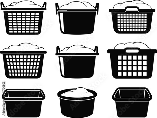 Laundry basket vector set, empty and full hamper icons, mesh and plastic styles, household cleaning container illustrations, black and white design elements