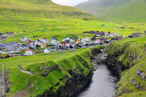 Remote Faroese Village Gjogv on Eysturoy Island with Atlantic Ocean and Lush Green Mountain Scenery