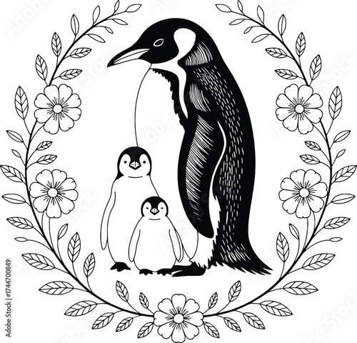 Adorable penguin family portrait within a delicate floral wreath decoration