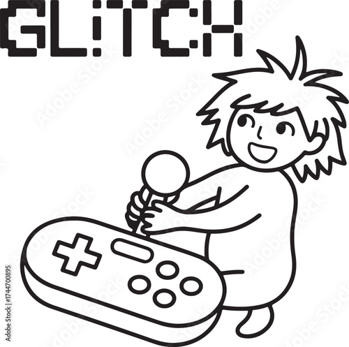 A smiling child playing a video game with a joystick is a common illustration of boyhood happiness and play