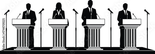 Political debate silhouette, speaker podiums, public discussion stage, formal panel illustration, black and white vector, election event, microphone setup, audience engagement