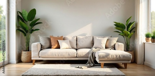Warm & Inviting Rustic Living Room Interior with Stylish Throw Pillows, Soft Rug, and Greenery