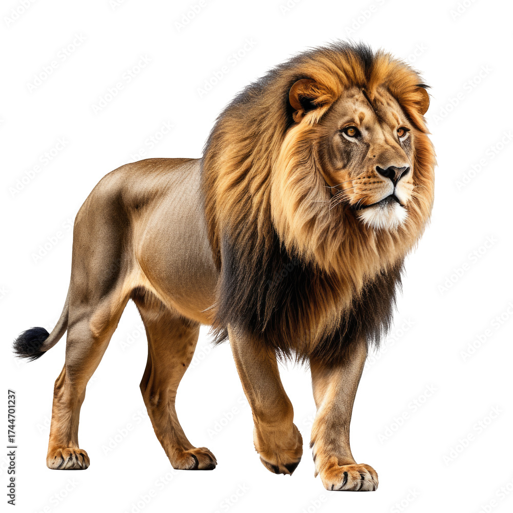Obraz premium Majestic lion stands, mane blowing. Wild animal on transparent background