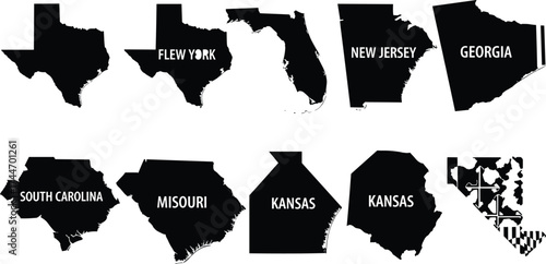 USA state silhouette vector set, Texas, New York, Florida, New Jersey, Georgia, Missouri, Kansas, Maryland, black map outline, typography design