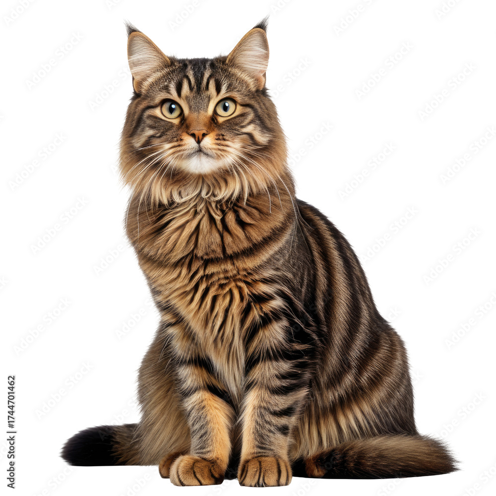 Fototapeta premium Regal brown tabby cat poses, alert, with bright yellow eyes. Isolated