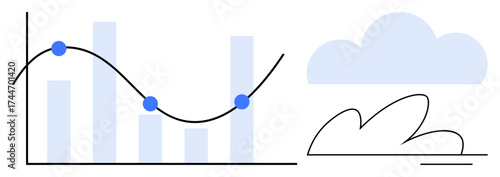 Bar graph with trend line and data points beside a cloud and abstract shapes. Ideal for data analytics, cloud storage, technology, business growth, forecasting, efficiency, connectivity. Simple flat