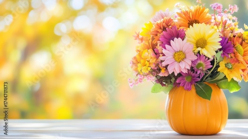 Wallpaper Mural Vibrant floral arrangement: A close-up shot presents a dazzling bouquet of fresh, colorful flowers in an autumn-themed vase, set against a blurred background of golden foliage. Torontodigital.ca