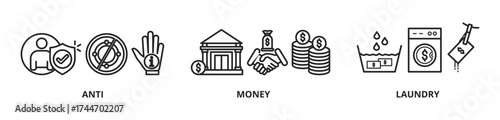 Banner AML Concept. Anti Money Laundering Vector Icons on white background - Fighting illegal dirty money flow.