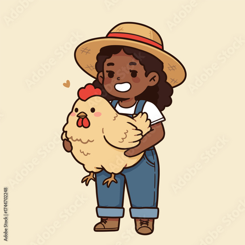 Cute cartoon farmer gently holding a happy chicken, wearing a straw hat with red band, white shirt, and blue overalls, set against a soft beige background with a floating heart symbol.

