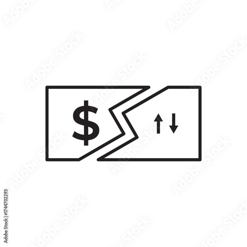 Broken dollar bill line icon representing currency devaluation, market loss, financial crisis, and exchange fluctuation. Perfect for banking, economy, finance, and investment vector illustrations.