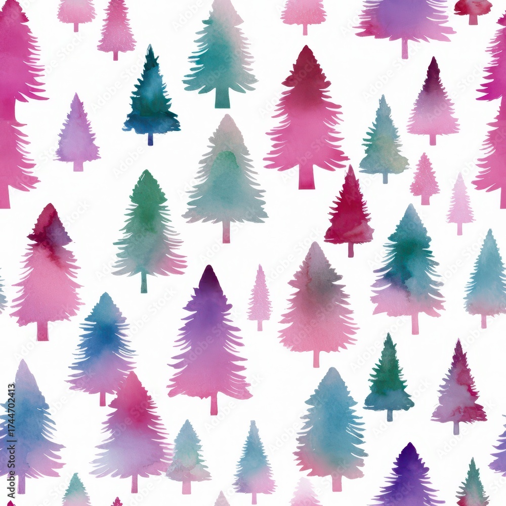 Obraz premium Watercolor Evergreen Forest: A vibrant watercolor illustration featuring a repeating pattern of stylized evergreen trees in a captivating array of pastel colors.