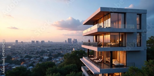 Modern Luxury Condominium Building with Expansive City Views Sleek Architecture and Contemporary Design Perfect for Real Estate Marketing