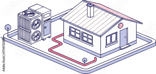 Flat design HVAC diagram showing indoor evaporator and outdoor condenser units, home air conditioner system isolated illustration.