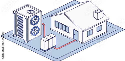 Flat design illustration of air conditioner system diagram showing indoor and outdoor home layout, isolated clean vector design.