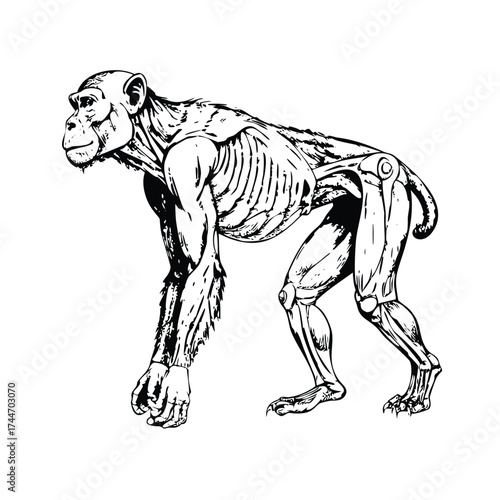 Monochrome Stipple Engraving of Primate Anatomy: Chimpanzee