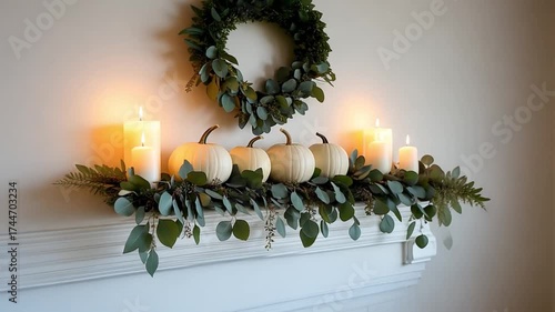 Autumnal home decor featuring white pumpkins, burning pillar candles, and a eucalyptus garland creating a warm, cozy atmosphere
