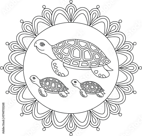 Ornate mandala frame surrounds turtle family coloring page design