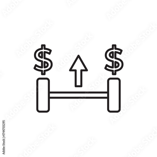 Finance growth icon showing barbell with dollar signs and upward arrow, symbolizing economic strength, investment growth, profit improvement, and financial performance enhancement concept.