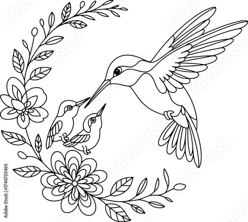 Delicate hummingbird feeding amidst floral garland outline art design