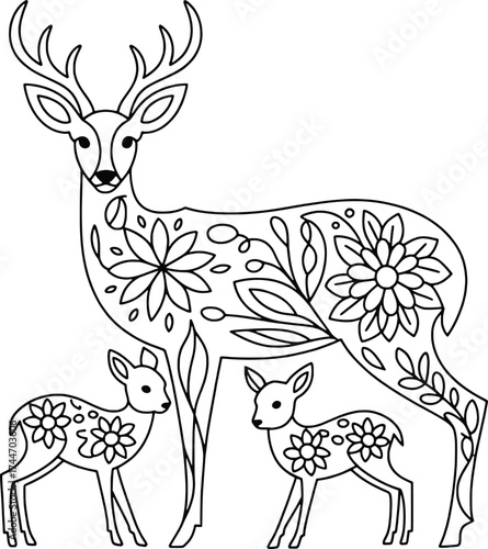 Elegant deer family with intricate floral patterns and fawn companions