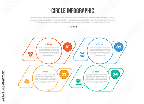 Circle base shape infographics template diagram with big circle and tilt container side with 4 point step creative simple flat outline