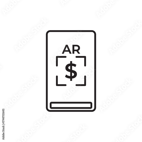 Minimal line icon of smartphone with AR and dollar sign, symbolizing augmented reality finance, mobile payment, and digital money. Perfect for fintech, innovation, and banking app design projects.