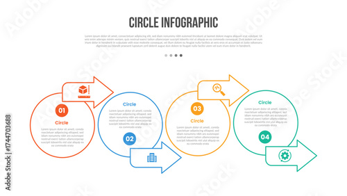 Circle base shape infographics template diagram with big circle and arrow up and down right direction with 4 point step creative simple flat outline