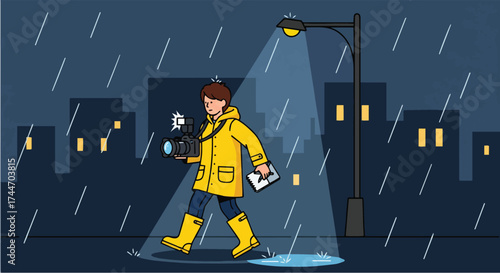 A reporter in a yellow raincoat walks in the rain, holding camera and notepad, under a street lamp.