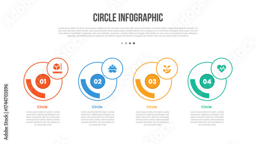 Circle base shape infographics template diagram with big circle and line cut slice with small badge top side with 4 point step creative simple flat outline