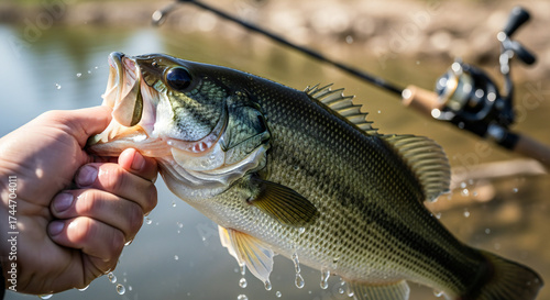 Close Up Of A Largemouth Bass Being Held By A Fisherman Water Dripping Fishing Rod In Background