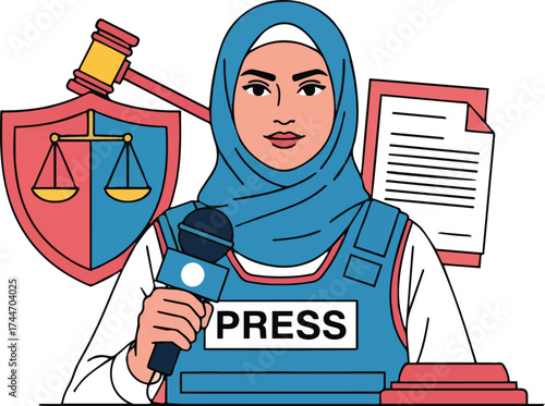 Illustration of a female journalist wearing a hijab and a press vest, holding a microphone, with legal symbols.