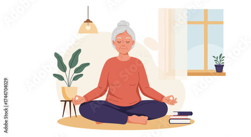 A flat design illustration showing an elderly woman meditating, representing mental well-being and stress reduction for seniors through mindfulness practices.