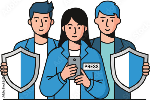 Three people depicted, a woman in the center holding a phone with "PRESS" on her shirt, flanked by two men holding shields.