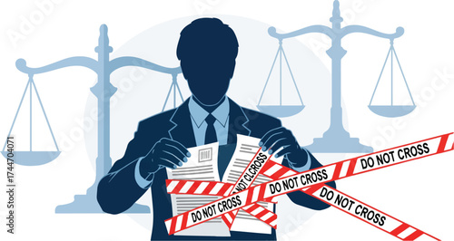 Conceptual illustration of obstruction of justice with a silhouette of a man tearing up evidence in front of scales of justice