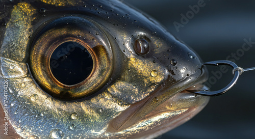 Detailed macro shot captures the iridescent skin, water droplets and eye of a hooked perch fish.