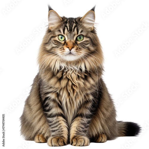 Fluffy brown tabby cat with green eyes sits, staring forward calmly