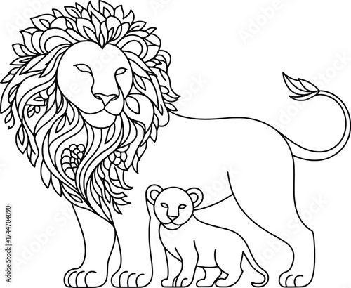 Majestic adult lion standing proudly beside its adorable cub