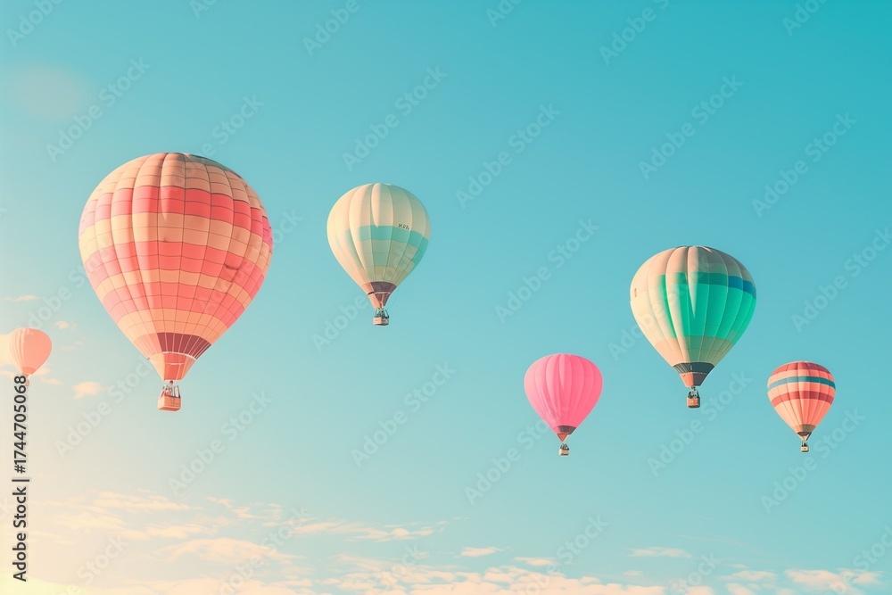 Obraz premium Minimalist hot air balloons on clear pastel sky, simple festival background.
