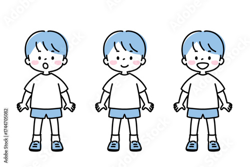 シンプル線画　いろいろな表情の男の子　全身　正面