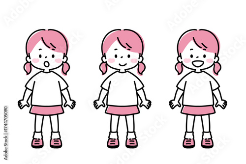 シンプル線画　いろいろな表情の女の子　全身　正面