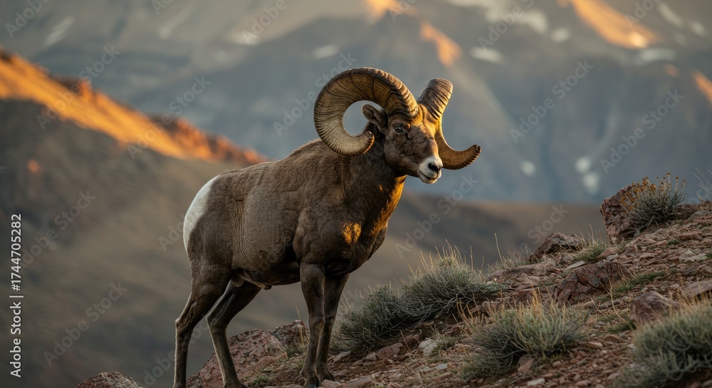 Obraz premium Majestic ram on rocky terrain with impressive curved horns at sunset