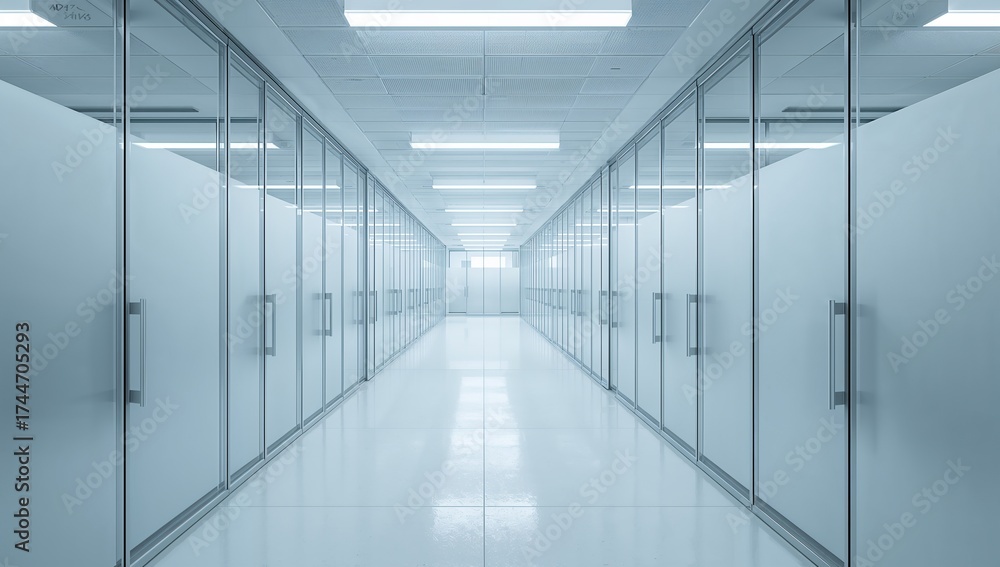 Obraz premium Long corridor with many white doors and bright fluorescent lighting