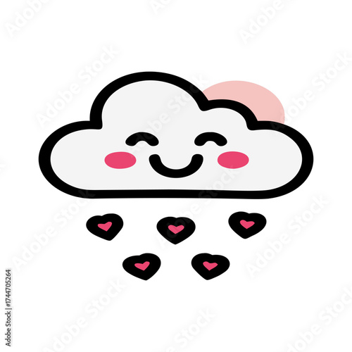 Cute kawaii cloud raining hearts with pink blush cheeks