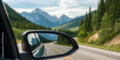 mountain road mirror, scenic car view, road trip reflection, travel road mountains, adventure travel wallpaper, car side mirror mountain, driving reflection photo, mountain travel wallpaper, road jour