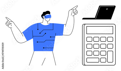 Person wearing virtual reality headset gesturing near laptop and oversized calculator. Ideal for innovation, technology advancement, finance, education, coding, remote work, futuristic concept